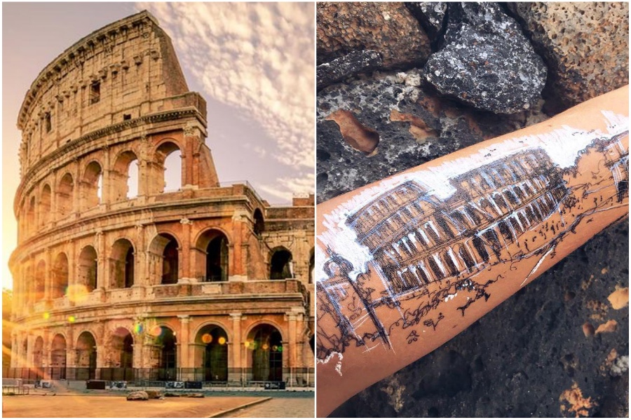 Roman Colosseum | Artist Uses Her Body As A Canvas For Architecture Sketches | Her Beauty